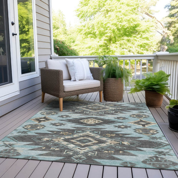 HomeRoots 5' Teal Blue and Charcoal Tribal Area Rug - Durable, Washable Design for Indoor and Outdoor Spaces 9' X 12' 626838