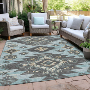 HomeRoots 5' Teal Blue and Charcoal Tribal Area Rug - Durable, Washable Design for Indoor and Outdoor Spaces 10' X 14' 626839