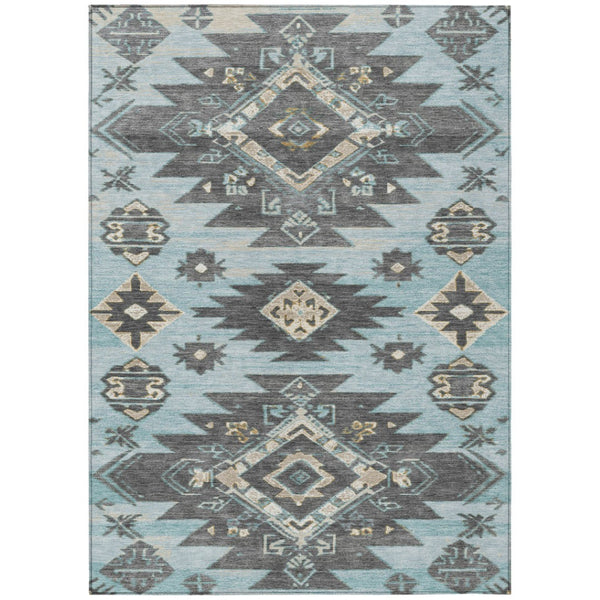 HomeRoots 5' Teal Blue and Charcoal Tribal Area Rug - Durable, Washable Design for Indoor and Outdoor Spaces 10' X 14' 626839