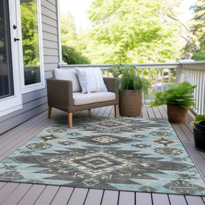 HomeRoots 5' Teal Blue and Charcoal Tribal Area Rug - Durable, Washable Design for Indoor and Outdoor Spaces 10' X 14' 626839