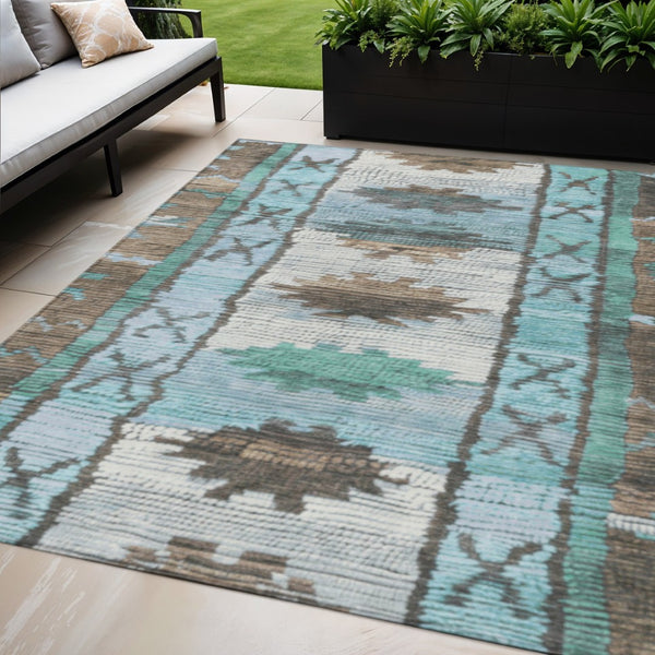 HomeRoots 5' Stylish Brown and Teal Blue Tribal Washable Area Rug for Indoor and Outdoor Spaces, Durable Design 5' X 8' 626841
