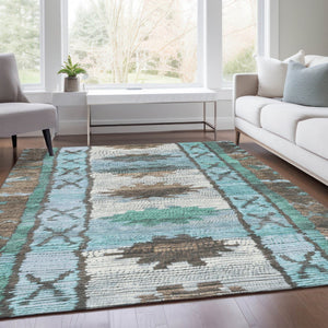 HomeRoots 5' Stylish Brown and Teal Blue Tribal Washable Area Rug for Indoor and Outdoor Spaces, Durable Design 5' X 8' 626841