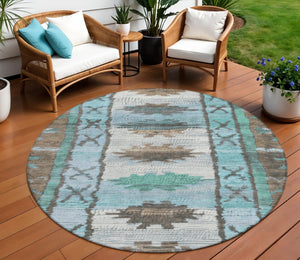 HomeRoots 5' Stylish Brown and Teal Blue Tribal Washable Area Rug for Indoor and Outdoor Spaces, Durable Design 8' Round 626842
