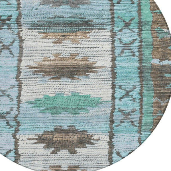 HomeRoots 5' Stylish Brown and Teal Blue Tribal Washable Area Rug for Indoor and Outdoor Spaces, Durable Design 8' Round 626842