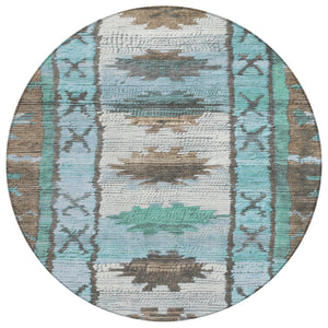 HomeRoots 5' Stylish Brown and Teal Blue Tribal Washable Area Rug for Indoor and Outdoor Spaces, Durable Design 8' Round 626842
