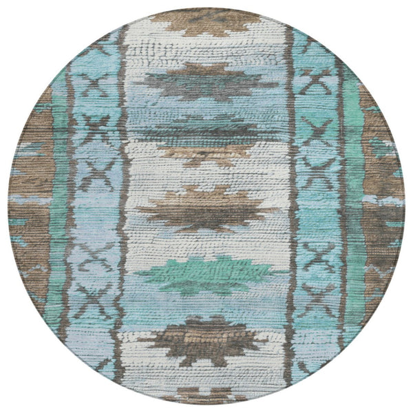 HomeRoots 5' Stylish Brown and Teal Blue Tribal Washable Area Rug for Indoor and Outdoor Spaces, Durable Design 8' Round 626842