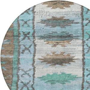 HomeRoots 5' Stylish Brown and Teal Blue Tribal Washable Area Rug for Indoor and Outdoor Spaces, Durable Design 8' Round 626842