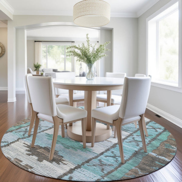 HomeRoots 5' Stylish Brown and Teal Blue Tribal Washable Area Rug for Indoor and Outdoor Spaces, Durable Design 8' Round 626842