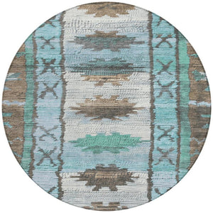 HomeRoots 5' Stylish Brown and Teal Blue Tribal Washable Area Rug for Indoor and Outdoor Spaces, Durable Design 8' Round 626842