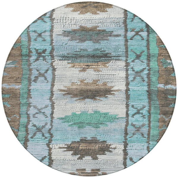 HomeRoots 5' Stylish Brown and Teal Blue Tribal Washable Area Rug for Indoor and Outdoor Spaces, Durable Design 8' Round 626842