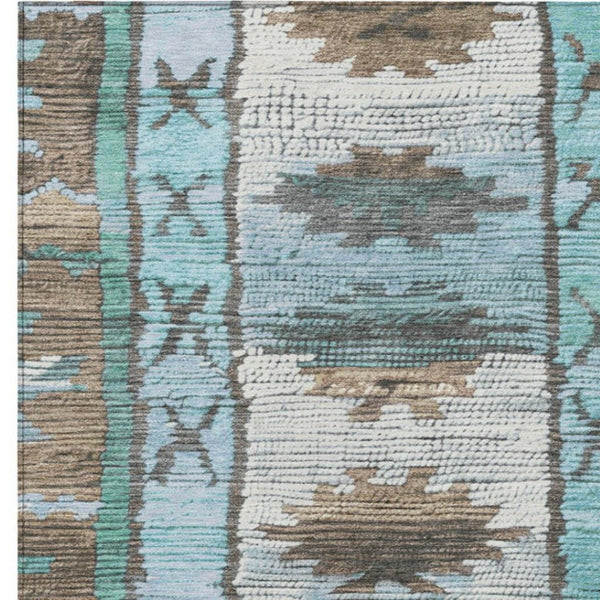 HomeRoots 5' Stylish Brown and Teal Blue Tribal Washable Area Rug for Indoor and Outdoor Spaces, Durable Design 9' X 12' 626844