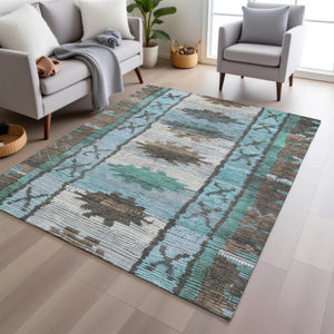 HomeRoots 5' Stylish Brown and Teal Blue Tribal Washable Area Rug for Indoor and Outdoor Spaces, Durable Design 9' X 12' 626844