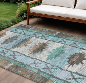 HomeRoots 5' Stylish Brown and Teal Blue Tribal Washable Area Rug for Indoor and Outdoor Spaces, Durable Design 10' X 14' 626845