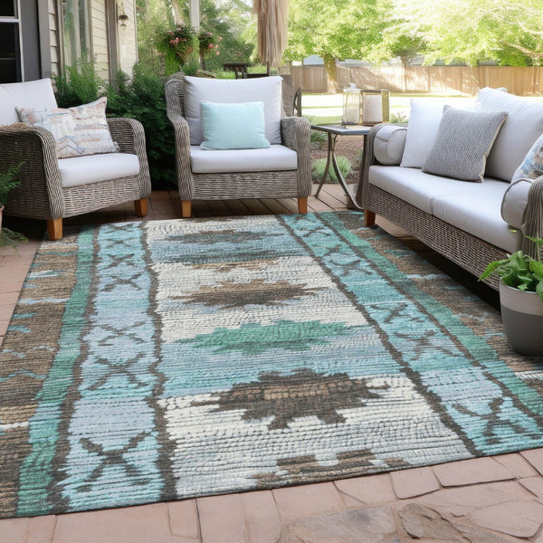 HomeRoots 5' Stylish Brown and Teal Blue Tribal Washable Area Rug for Indoor and Outdoor Spaces, Durable Design 10' X 14' 626845