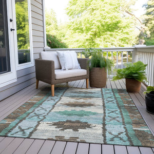 HomeRoots 5' Stylish Brown and Teal Blue Tribal Washable Area Rug for Indoor and Outdoor Spaces, Durable Design 10' X 14' 626845