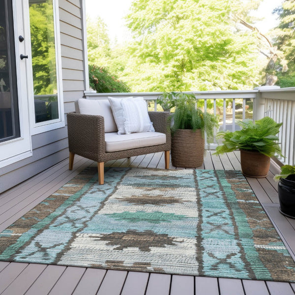 HomeRoots 5' Stylish Brown and Teal Blue Tribal Washable Area Rug for Indoor and Outdoor Spaces, Durable Design 10' X 14' 626845