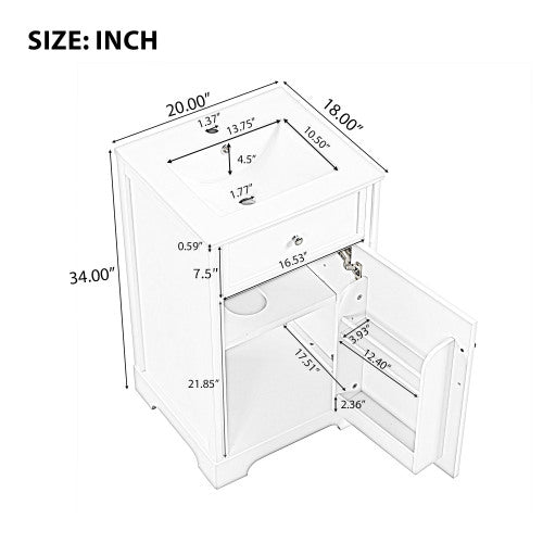 English Elm 20" Modern Bathroom Vanity With Sink, Soft-Close Door, Adjustable Shelves & Stylish Storage Rack N725P351848K
