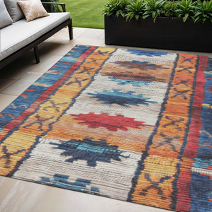 HomeRoots 5' Navy Blue and Copper Tribal Area Rug - Washable, Durable, Indoor/Outdoor Design for High Traffic Spaces 5' X 8' 626865