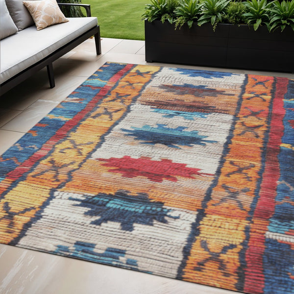 HomeRoots 5' Navy Blue and Copper Tribal Area Rug - Washable, Durable, Indoor/Outdoor Design for High Traffic Spaces 5' X 8' 626865