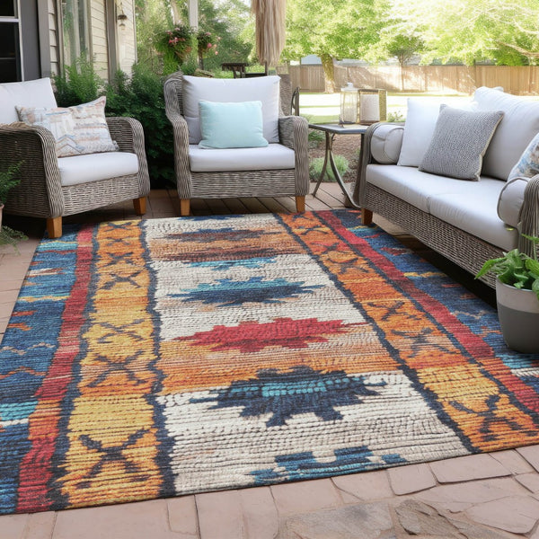 HomeRoots 5' Navy Blue and Copper Tribal Area Rug - Washable, Durable, Indoor/Outdoor Design for High Traffic Spaces 5' X 8' 626865