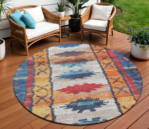 HomeRoots 5' Navy Blue and Copper Tribal Area Rug - Washable, Durable, Indoor/Outdoor Design for High Traffic Spaces 8' Round 626866