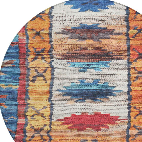 HomeRoots 5' Navy Blue and Copper Tribal Area Rug - Washable, Durable, Indoor/Outdoor Design for High Traffic Spaces 8' Round 626866