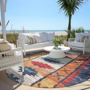 HomeRoots 5' Navy Blue and Copper Tribal Area Rug - Washable, Durable, Indoor/Outdoor Design for High Traffic Spaces 8' Round 626866