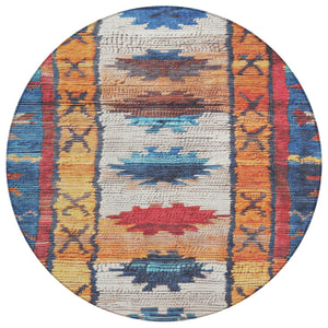 HomeRoots 5' Navy Blue and Copper Tribal Area Rug - Washable, Durable, Indoor/Outdoor Design for High Traffic Spaces 8' Round 626866