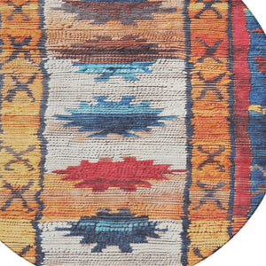 HomeRoots 5' Navy Blue and Copper Tribal Area Rug - Washable, Durable, Indoor/Outdoor Design for High Traffic Spaces 8' Round 626866