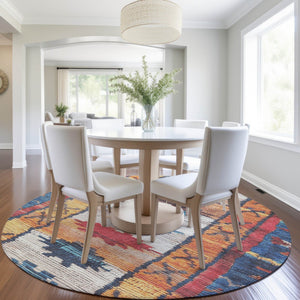 HomeRoots 5' Navy Blue and Copper Tribal Area Rug - Washable, Durable, Indoor/Outdoor Design for High Traffic Spaces 8' Round 626866