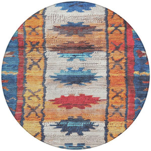 HomeRoots 5' Navy Blue and Copper Tribal Area Rug - Washable, Durable, Indoor/Outdoor Design for High Traffic Spaces 8' Round 626866