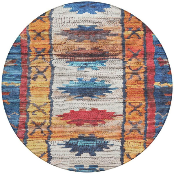 HomeRoots 5' Navy Blue and Copper Tribal Area Rug - Washable, Durable, Indoor/Outdoor Design for High Traffic Spaces 8' Round 626866