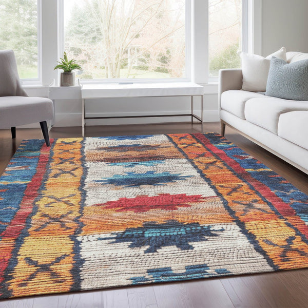 HomeRoots 5' Navy Blue and Copper Tribal Area Rug - Washable, Durable, Indoor/Outdoor Design for High Traffic Spaces 8' X 10' 626867