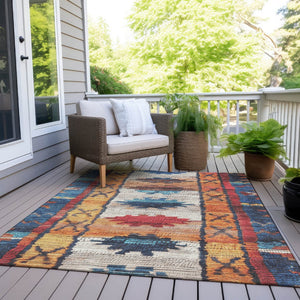 HomeRoots 5' Navy Blue and Copper Tribal Area Rug - Washable, Durable, Indoor/Outdoor Design for High Traffic Spaces 8' X 10' 626867