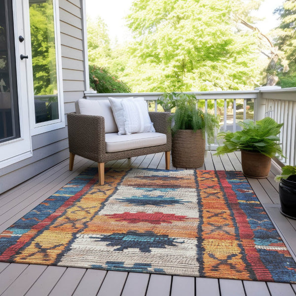 HomeRoots 5' Navy Blue and Copper Tribal Area Rug - Washable, Durable, Indoor/Outdoor Design for High Traffic Spaces 8' X 10' 626867