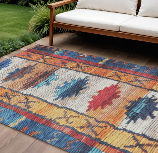 HomeRoots 5' Navy Blue and Copper Tribal Area Rug - Washable, Durable, Indoor/Outdoor Design for High Traffic Spaces 9' X 12' 626868