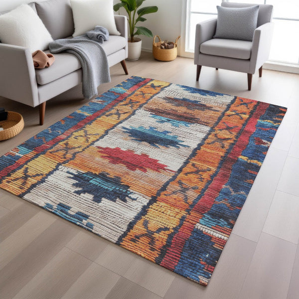 HomeRoots 5' Navy Blue and Copper Tribal Area Rug - Washable, Durable, Indoor/Outdoor Design for High Traffic Spaces 10' X 14' 626869