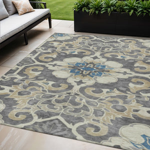 HomeRoots 5' Elegant Beige and Charcoal Damask Area Rug for Indoor and Outdoor Use, Machine Washable Design 5' X 8' 626872