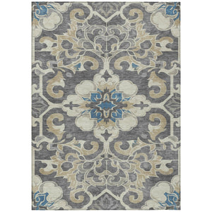 HomeRoots 5' Elegant Beige and Charcoal Damask Area Rug for Indoor and Outdoor Use, Machine Washable Design 5' X 8' 626872
