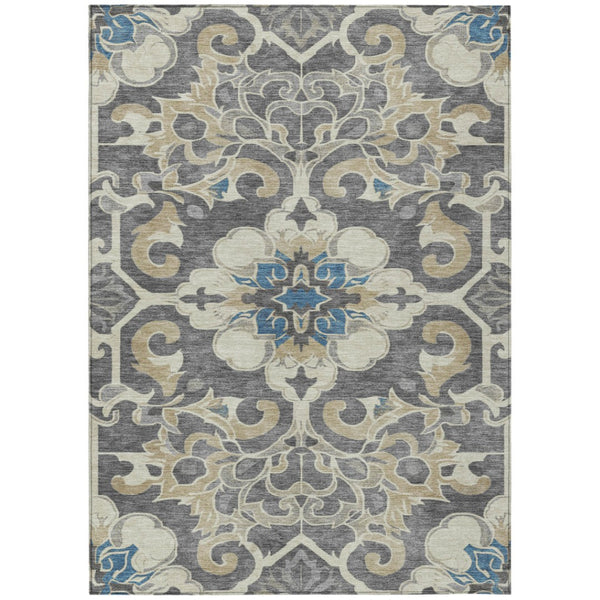 HomeRoots 5' Elegant Beige and Charcoal Damask Area Rug for Indoor and Outdoor Use, Machine Washable Design 5' X 8' 626872