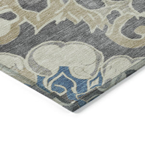 HomeRoots 5' Elegant Beige and Charcoal Damask Area Rug for Indoor and Outdoor Use, Machine Washable Design 5' X 8' 626872