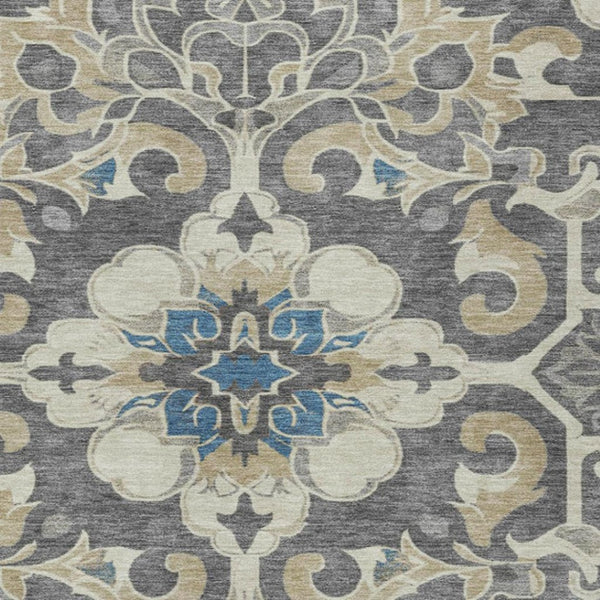 HomeRoots 5' Elegant Beige and Charcoal Damask Area Rug for Indoor and Outdoor Use, Machine Washable Design 5' X 8' 626872