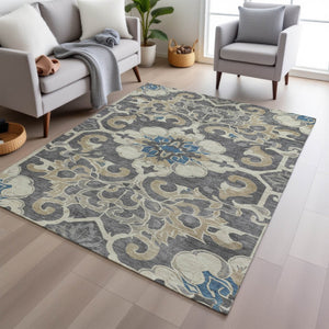 HomeRoots 5' Elegant Beige and Charcoal Damask Area Rug for Indoor and Outdoor Use, Machine Washable Design 5' X 8' 626872