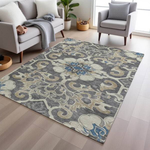 HomeRoots 5' Elegant Beige and Charcoal Damask Area Rug for Indoor and Outdoor Use, Machine Washable Design 5' X 8' 626872