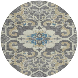 HomeRoots 5' Elegant Beige and Charcoal Damask Area Rug for Indoor and Outdoor Use, Machine Washable Design 8' Round 626873