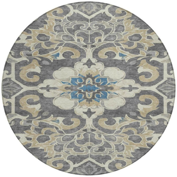 HomeRoots 5' Elegant Beige and Charcoal Damask Area Rug for Indoor and Outdoor Use, Machine Washable Design 8' Round 626873
