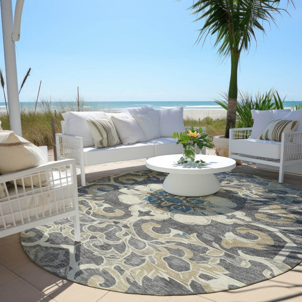 HomeRoots 5' Elegant Beige and Charcoal Damask Area Rug for Indoor and Outdoor Use, Machine Washable Design 8' Round 626873