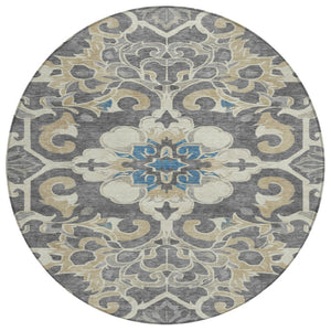 HomeRoots 5' Elegant Beige and Charcoal Damask Area Rug for Indoor and Outdoor Use, Machine Washable Design 8' Round 626873