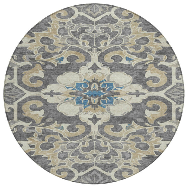 HomeRoots 5' Elegant Beige and Charcoal Damask Area Rug for Indoor and Outdoor Use, Machine Washable Design 8' Round 626873