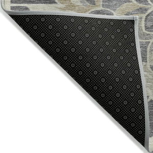 HomeRoots 5' Elegant Beige and Charcoal Damask Area Rug for Indoor and Outdoor Use, Machine Washable Design 8' Round 626873